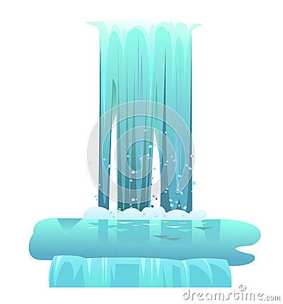 Streaming waterfall water. Dense cascade flow downward. Fast stream with splashes. Enters lake and pours more. Object Vector Illustration