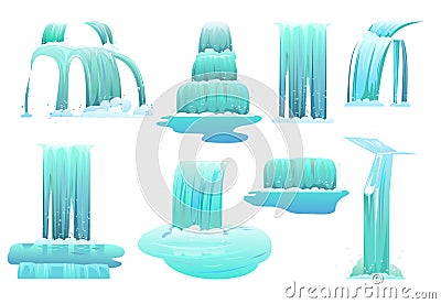 Streaming waterfall water. Set of cascades shimmer down. Fast stream with splashes. Object isolated on white background Vector Illustration