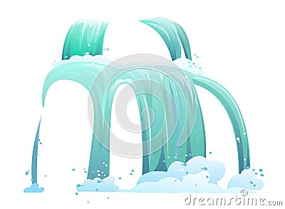 Streaming waterfall water. Two cascade flow downward. Fast stream with splashes. Disperses to sides. Object isolated on Vector Illustration