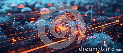 Streamlined business process flowchart with tech elements like servers and clouds Stock Photo