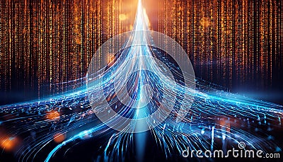 Streams of glowing blue data flow against a backdrop of orange binary code, visualizing digital information and technology Stock Photo