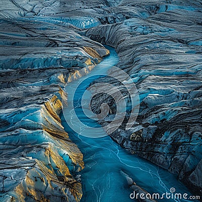 Streams of meltwater on Greenland glacier, vivid blue against a hot, barren landscape, side view, alarming Cartoon Illustration