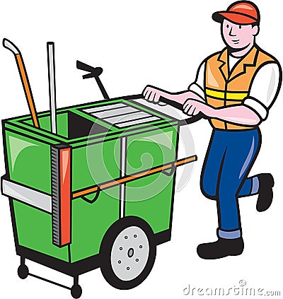 Streeet Cleaner Pushing Trolley Cartoon Isolated Vector Illustration