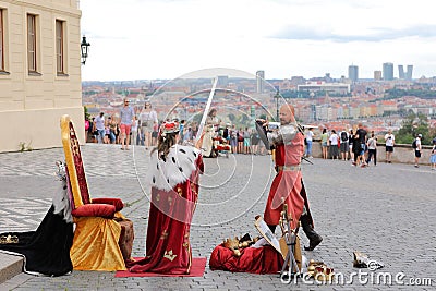 Street actors arrange the dramatized representations. Editorial Stock Photo