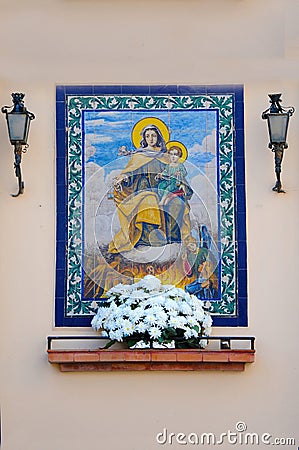 Street altar with picture of mother Mary and the infant Jesus Editorial Stock Photo