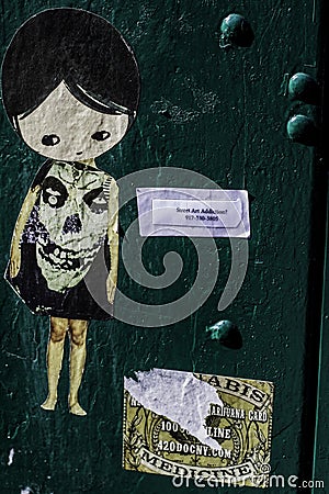 New York street sticker art close up macro with green paint background Editorial Stock Photo