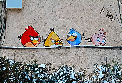 Street art or graffiti with angry birds by unidentified artist Editorial Stock Photo