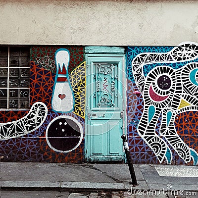 Street art in the a litte street in paris, France Editorial Stock Photo