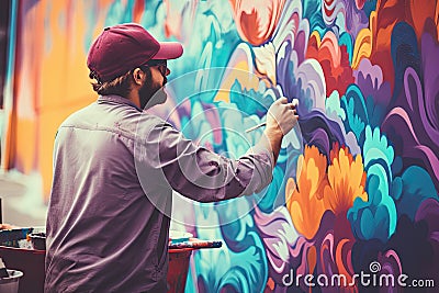 Street Artist Painting Colorful Graffiti on Public Wall, Modern Street Art Murales, Generative AI Illustration Stock Photo