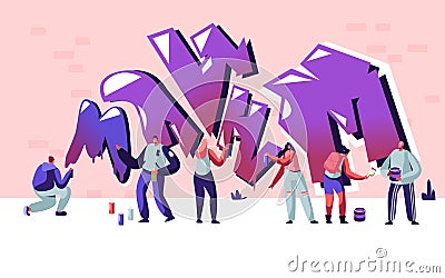 Street Artist Teenagers Painting Graffiti on Brick Wall. Urban Fashion, Teen Lifestyle, Young People Creative Hobby Activity Vector Illustration