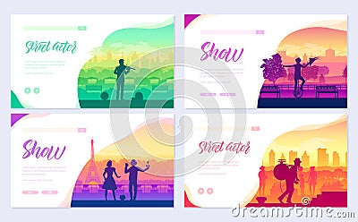 Street artists around the world brochure cards set. Speech on the alleys of the city template of flyear, web banner, ui Vector Illustration