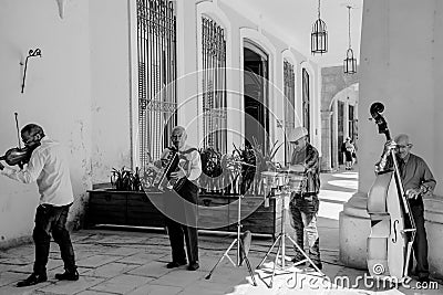 Street artists, musicians in Havana, Cuba, black and white photo, like old photo Editorial Stock Photo