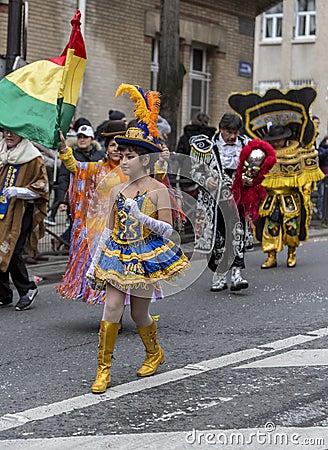 Street Bolivian Girl Dancer - Carnaval de Paris 2018 Editorial Stock Photo