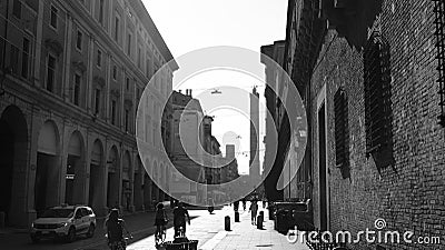 street of Bologna with Tower on the bottom. Black and white photos Editorial Stock Photo