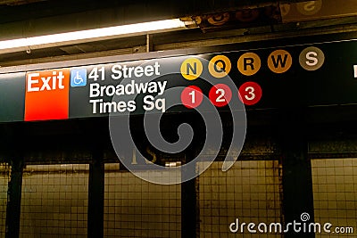 41 Street, Broadway, Times Square subway station sign. ADA accessible exit. Wayfinding navigation - Manhattan, New York, USA - Editorial Stock Photo