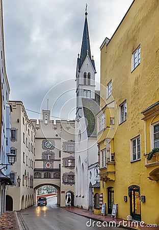 Street and Brucktor, Wasserburg am Inn, Germany Stock Photo