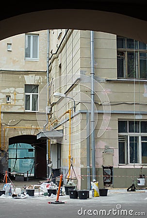 a street with a building and a street light Stock Photo