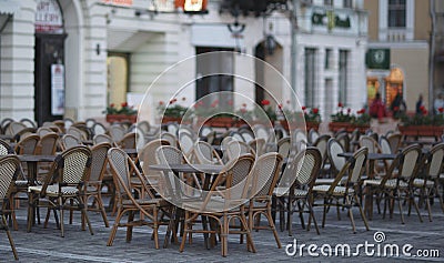 Street cafe with empty tables Stock Photo