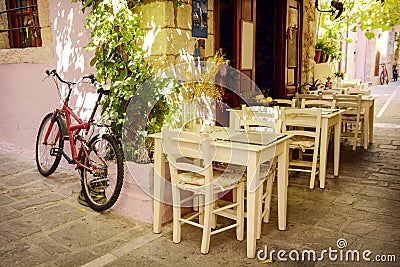 Street cafe in greek town. Crete Stock Photo