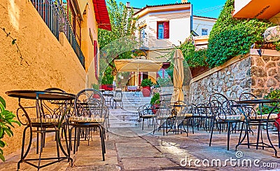 Street cafe in Plaka district in Athens Stock Photo