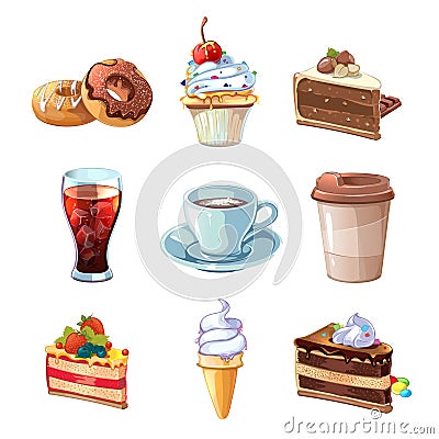 Street cafe products vector cartoon set. Chocolate, cupcake, cake, cup of coffee, donut, cola and ice cream Vector Illustration