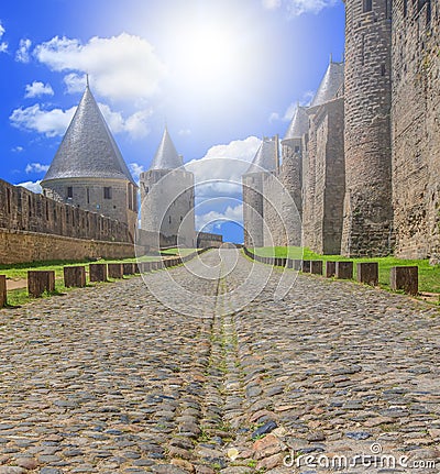 Street in Carcassone Old Town on soft sunlight Stock Photo