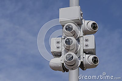 Street CCTV cameras against the blue sky Stock Photo