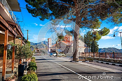 Street in the charming village of Agros. Limassol District, Cyprus Stock Photo