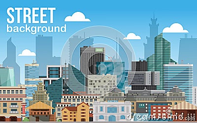 Street city background horizontal banner vector illustration. Modern town skyline. Architectural building in panoramic Vector Illustration