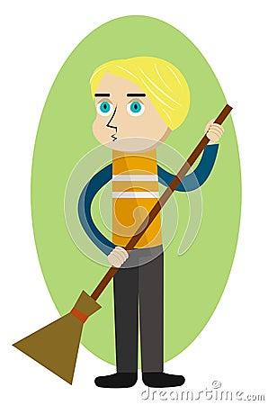 Street cleaner holding a broom Vector Illustration