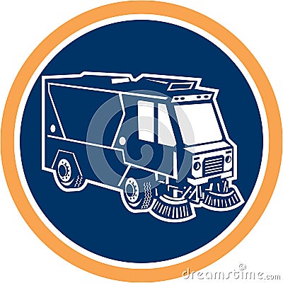 Street Cleaner Truck Circle Retro Vector Illustration