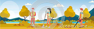 Street cleaners team working together sweeping lawn raking leaves cleaning service teamwork concept city park autumn Vector Illustration