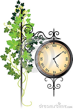 Street clock braided with ivy Vector Illustration