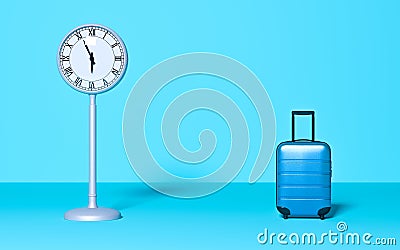 Street clock and travel baggage on pastel background. Cartoon Illustration