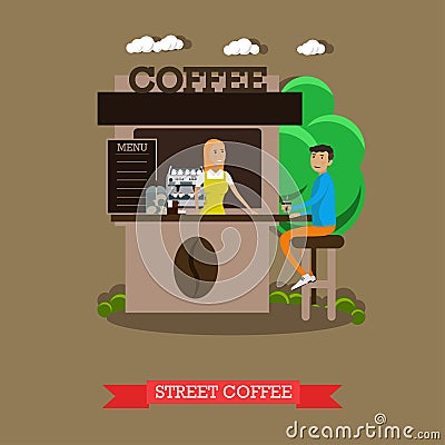 Street coffee shop concept vector banner. Takeaway kiosk in flat style. Design elements and icons. Vector Illustration