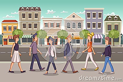 Street of a colorful city with cartoon business people Vector Illustration