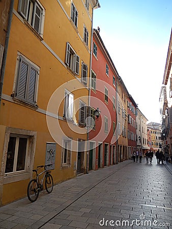 COLORFUL FACADES IN CARRERA STREET, ROVINJ, CROATIA Editorial Stock Photo