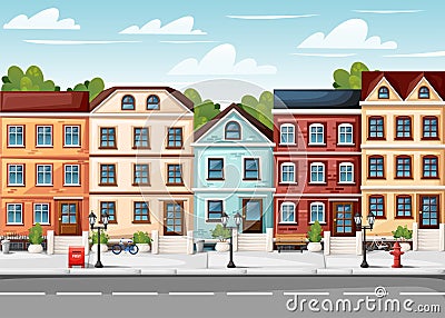 Street with colorful houses fire hydrant lights bench red mailbox and bushes in vases cartoon style vector illustration website pa Cartoon Illustration