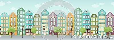 Street with colorful houses, trees and lanterns, seamless border, urban landscape, old city background. Multicolored European Vector Illustration