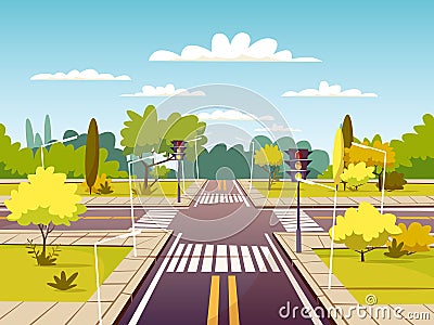 Street crossroad cartoon illustration of traffic lane and pedestrian crossing or crosswalk with marking Cartoon Illustration