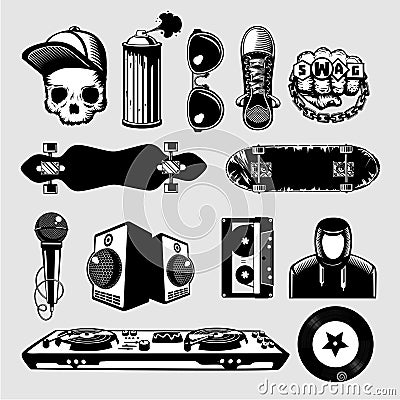 Street culture icons set. Hip-hop and rap signs collection on isolated background. Vector Illustration