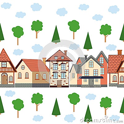 Street with cute houses seamless pattern. Village or city, neat cozy home Vector Illustration