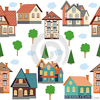 Street with cute houses seamless pattern. Village or city, neat cozy home Vector Illustration