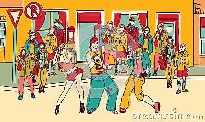 Street dance people group city color Vector Illustration