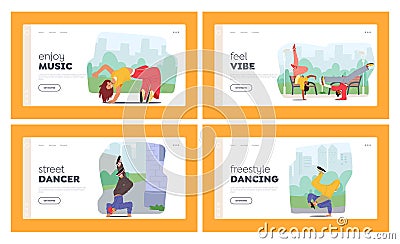 Street Dancers Landing Page Template Set. Men and Women Caught in Different Movement Poses. Concept for Urban Trends Vector Illustration