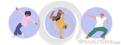 Street dancers performing stunt and trick, breakdancing freestyle isolated round composition set Vector Illustration