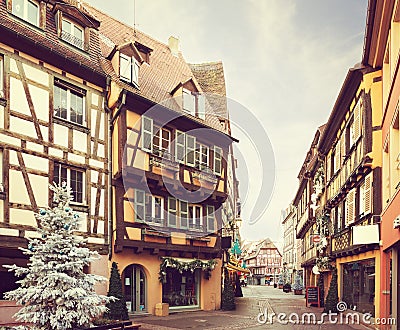 Street decorated for Christmas. Stock Photo