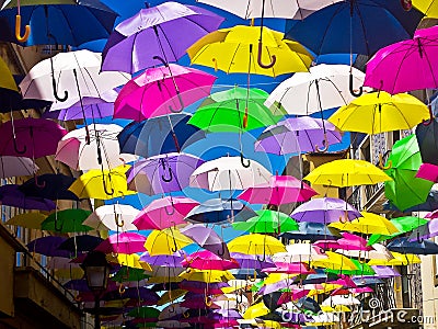 Street decorated with colored umbrellas, Agueda, Portugal Stock Photo