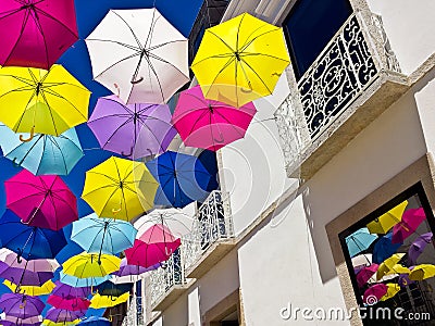 Street decorated with colored umbrellas, Agueda, Portugal Editorial Stock Photo