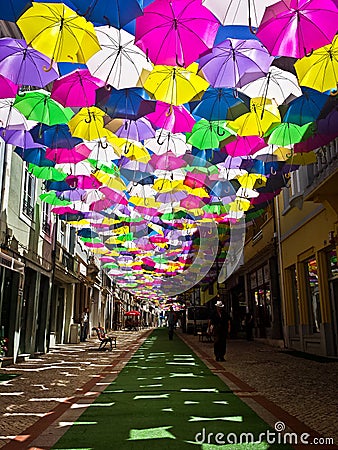 Street decorated with colored umbrellas, Agueda, Portugal Editorial Stock Photo